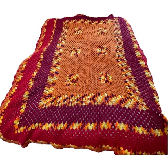 Vintage Other - Vintage Crochet Throw Blanket Afghan Rectangular Orange Red Plum Large